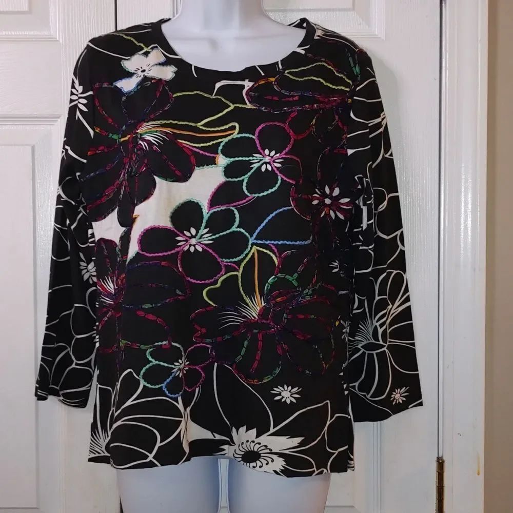 Peck & Peck Weekend black white embroidered floral print top  Sz XL